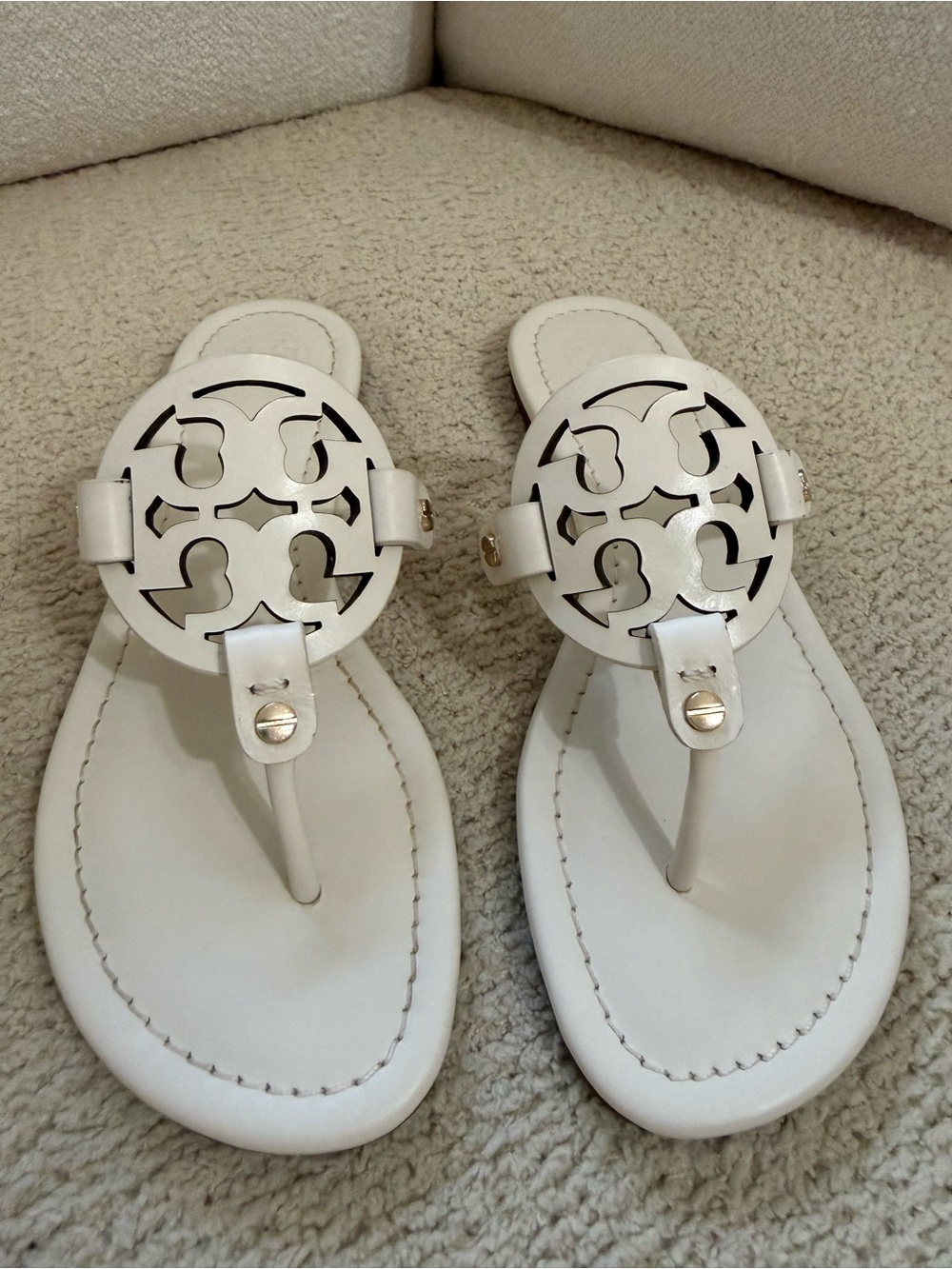 Tory Burch White Leather Logo Cutout Thong Sandals